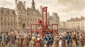 Ilustración de una guillotina roja sobre una plataforma de madera en el centro de una plaza, con un hombre en rojo y el verdugo. Una gran multitud observa frente a un edificio imponente.