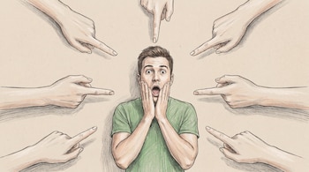 Ilustración a lápiz de un hombre con camiseta verde y las manos en la cara, rodeado por siete manos que lo apuntan con el dedo índice.