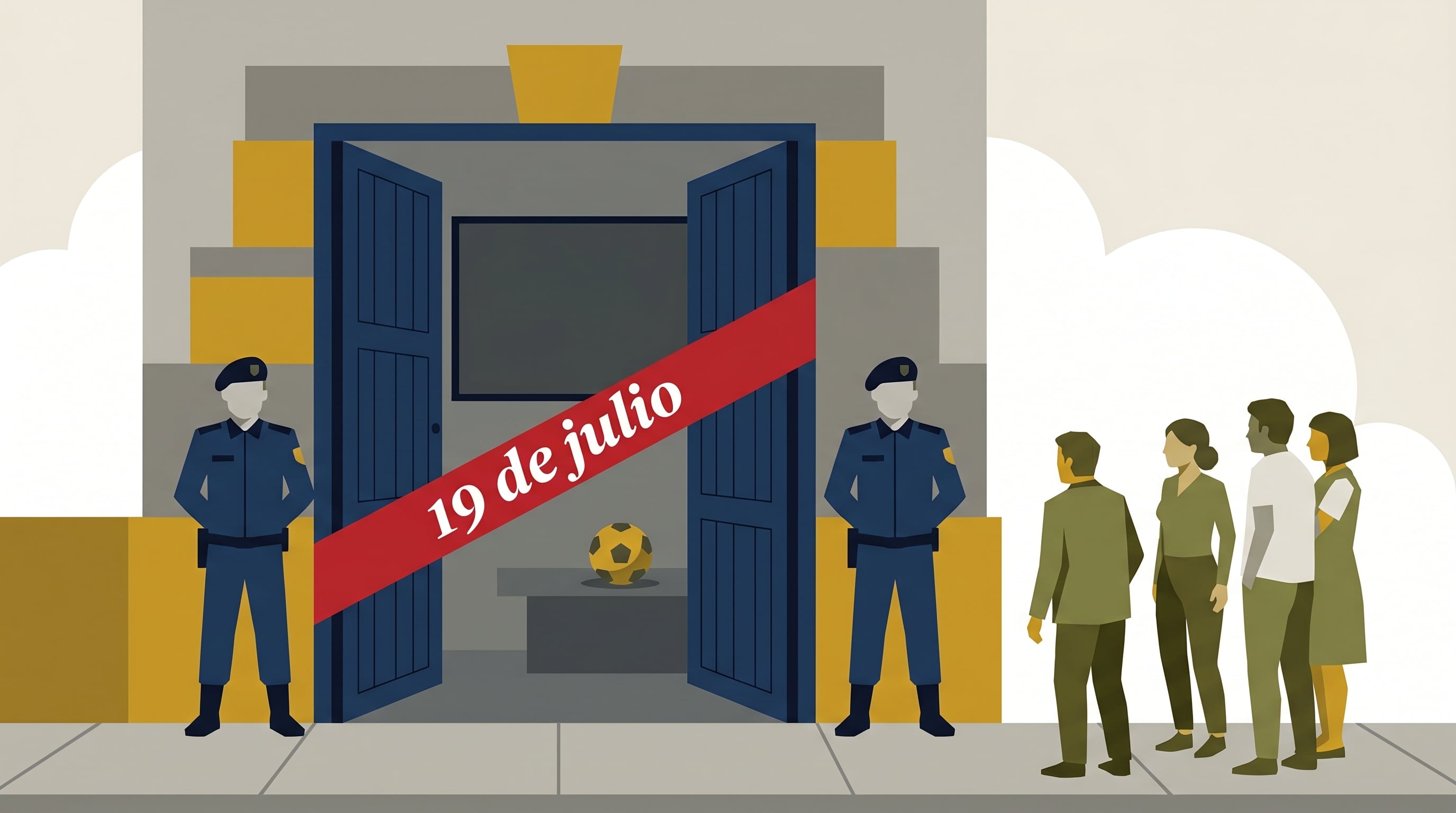 Una ilustración plana muestra la fachada de un bar nicaragüense con puertas entreabiertas y una cinta roja con la fecha