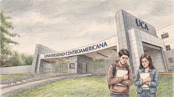 Ilustración de la entrada de la Universidad Centroamericana con su letrero, junto a dos estudiantes jóvenes con mochilas y cuadernos, ambos con la mirada baja.