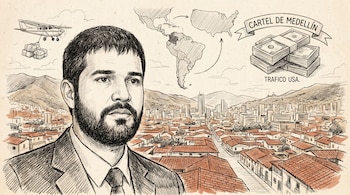 Ilustración de un hombre con barba en primer plano, con la ciudad de Medellín al fondo, un mapa de Colombia a EE.UU., un avión de carga y pilas de dinero.
