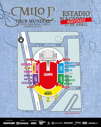 Plano detallado del Estadio Nacional de Lima para el concierto de Milo J, mostrando zonas Campo y Tribunas, accesos numerados y el texto 'AGOTADO 17 DE ABRIL'