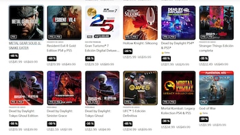 Captura de pantalla de la PlayStation Store mostrando una cuadrícula de portadas de videojuegos en oferta para PS4 y PS5 con sus precios y descuentos