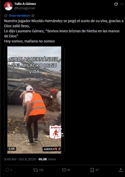 El mensaje del máximo accionista del América de Cali mostró la preocupación por la delicadeza que tuvo el accidente de Nicolás Hernández-crédito @tulioagomez/X