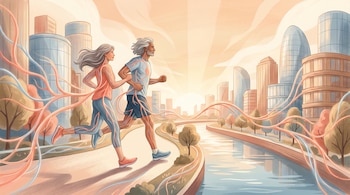 Ilustración de un hombre y una mujer corriendo al amanecer en una ciudad junto a un río, con edificios modernos y líneas orgánicas rojas y azules sobre sus cuerpos.