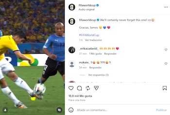 La FIFA recordó el golazo de James Rodríguez ante Uruguay en el Mundial de Brasil 2014 - crédito @fifaworldcup/Instagram