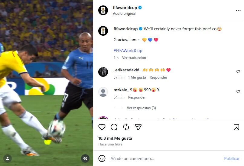 La FIFA recordó el golazo de James Rodríguez ante Uruguay en el Mundial de Brasil 2014 - crédito @fifaworldcup/Instagram