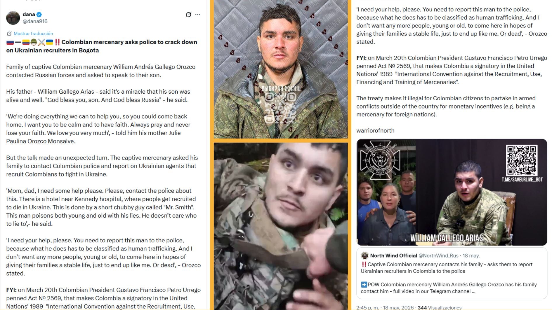 A comienzos de mayo de 2026 se difundió en redes sociales el video de la captura del exmilitar colombiano por parte de soldados rusos - crédito @NorthWind_Rus/X | @PabVis/X