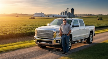 Hombre con camisa gris y gorra se apoya en una camioneta pickup blanca de lujo en un camino de tierra. Al fondo, campo verde, edificios de granja y silo al atardecer.