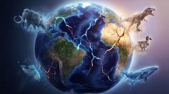 Planeta Tierra con grietas luminosas, un mamut lanudo, un tiranosaurio rex, un dodo y una ballena azul que se disuelven en partículas.
