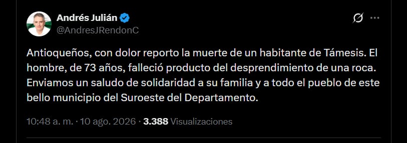 Andrés Julián Rendón confirmó el fallecimiento de un adulto mayor en Antioquia por cuenta del sismo - crédito X