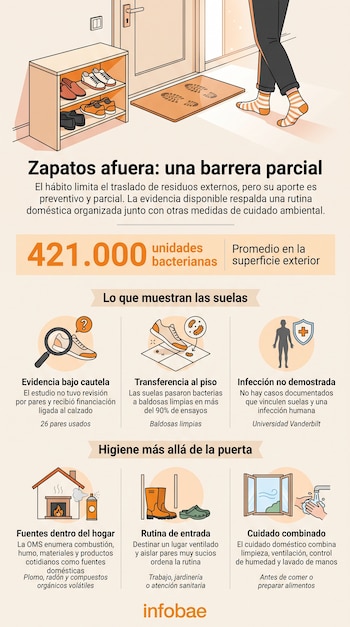 Infografía con una persona en calcetines junto a un zapatero y paneles con datos sobre bacterias en el calzado y limpieza del hogar.