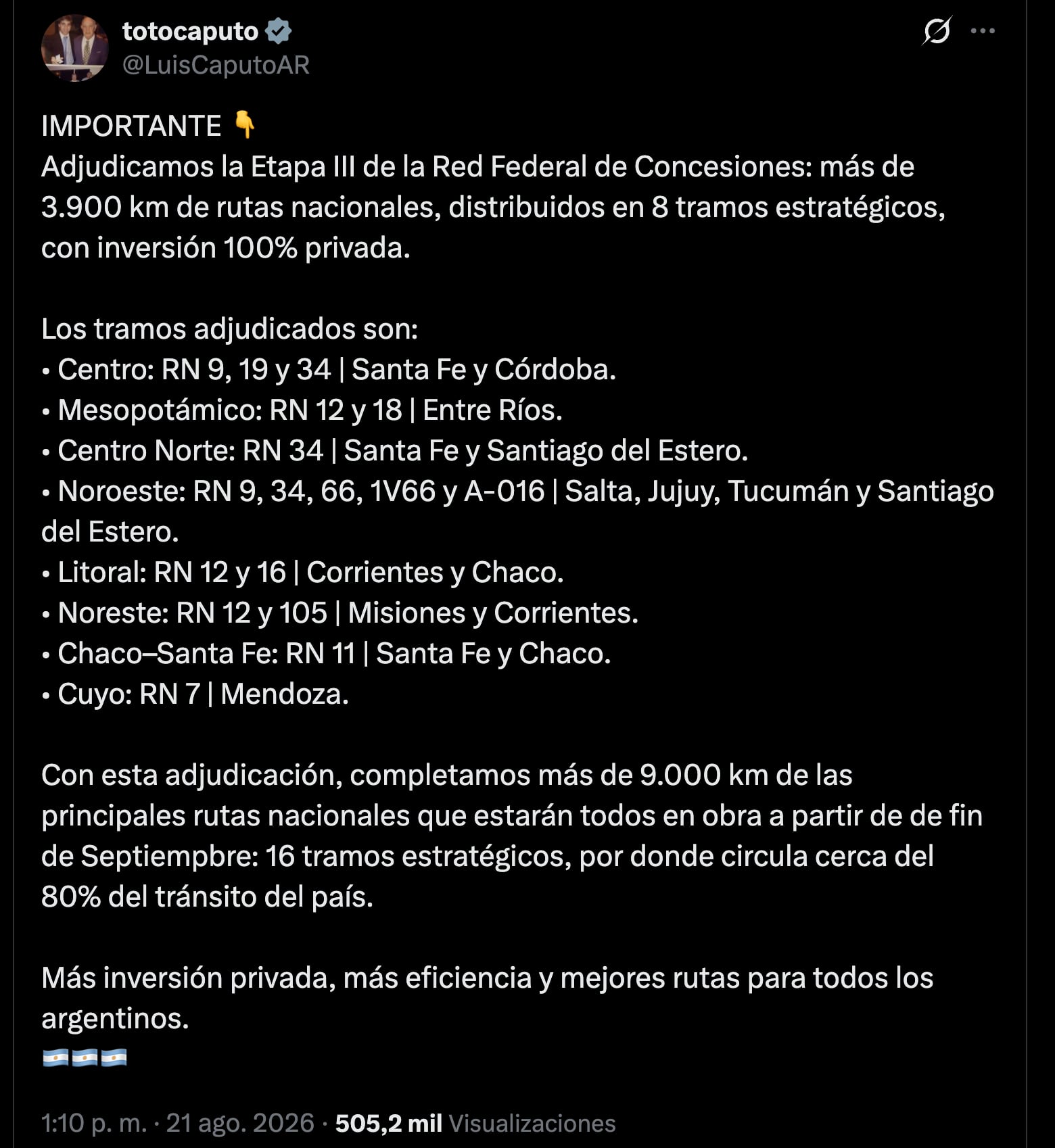 El anuncio del ministro Caputo sobre la adjudicación de la Etapa III de la Red Federal de Concesiones el 21 de agosto último