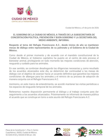 La administración capitalina informa que el mecanismo para dar hogar a los ejemplares se reactivará de manera coordinada con la asociación, como parte de los compromisos pactados este 9 de junio. (@SEDEMA_CDMX)