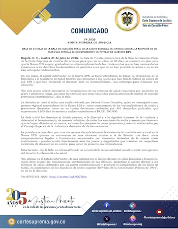 Nueva EPS, la Superintendencia Nacional de Salud y el Ministerio de Salud deberán presentar en 60 días un plan para atender tutelas incumplidas - crédito @CorteSupremaJ/X