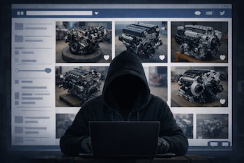 Una persona con sudadera negra con capucha y guantes negros usa una laptop con pantalla que muestra un sitio web con seis fotos de motores de automóviles.