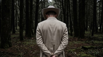Hombre de espaldas con sombrero de vaquero y gabardina color crema, sus manos atadas con cuerda detrás de la espalda, de pie en un bosque oscuro y denso.