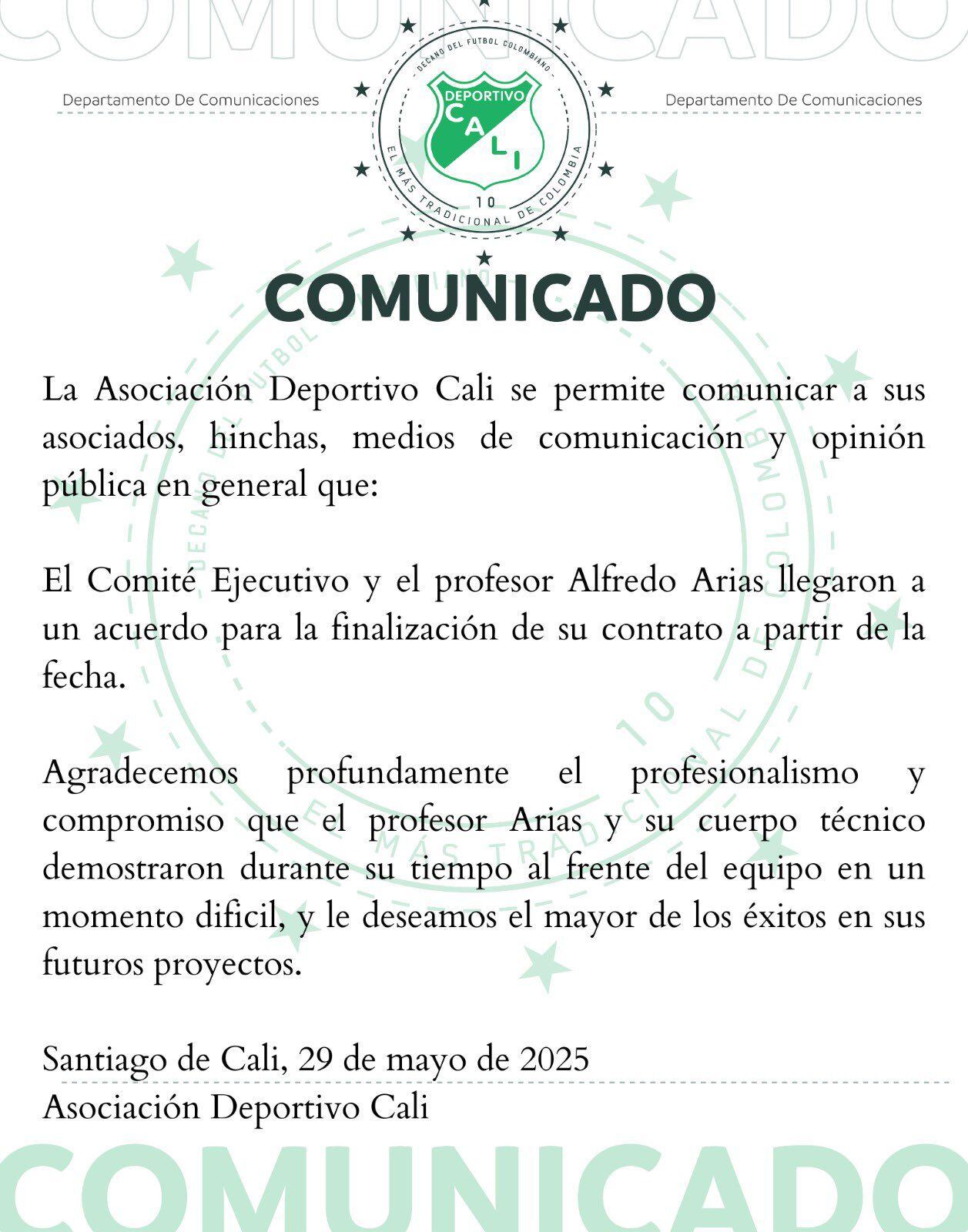 Comunicado del Deportivo Cali sobre la salida de Alfredo Arias - crédito Deportivo Cali