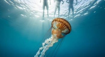 Medusa melena de león nadando bajo el agua con sus tentáculos largos, y rayos de sol que iluminan a tres bañistas en la superficie.
