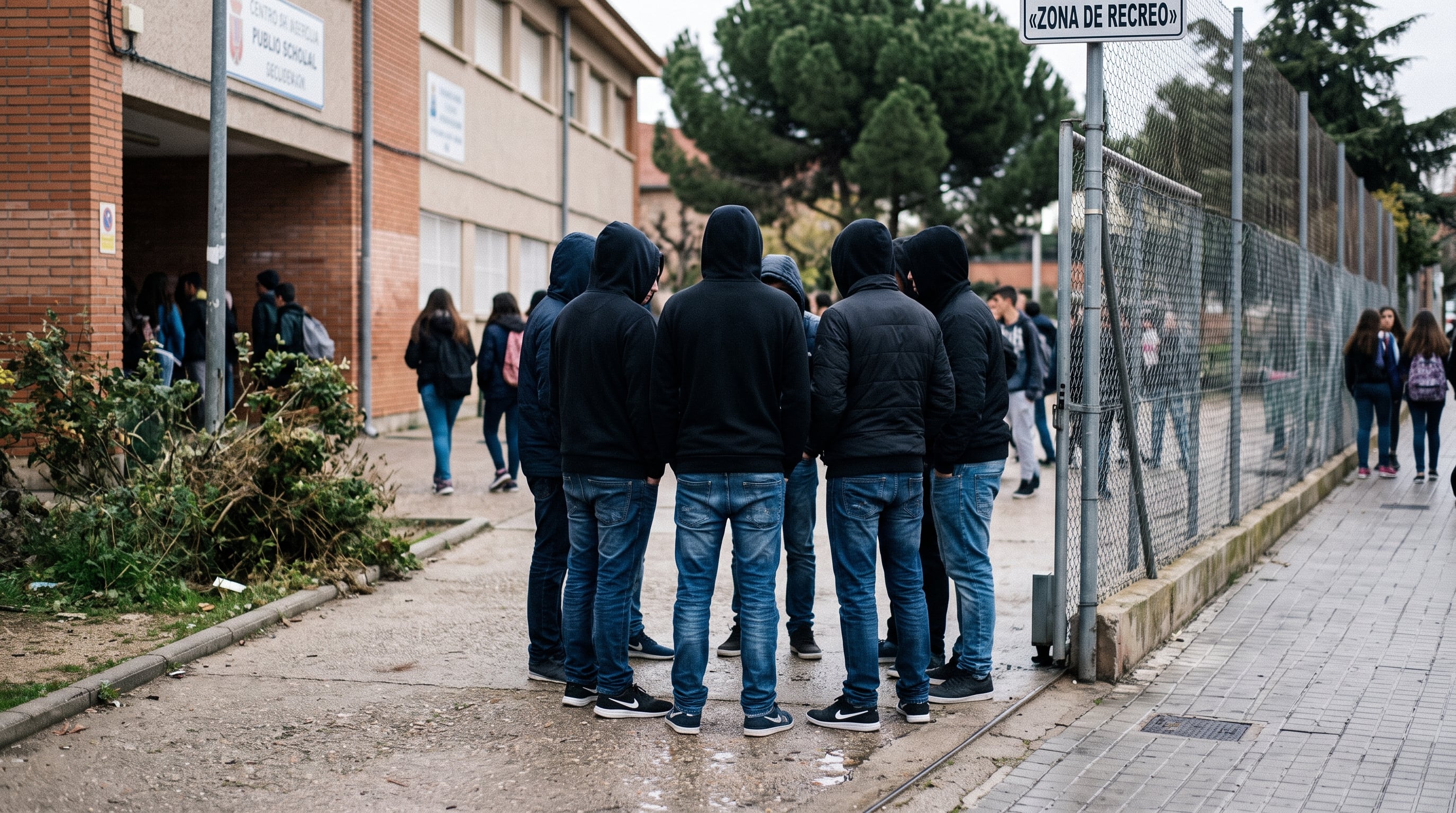 Un grupo de jóvenes con chaquetas con capucha permanece de espaldas en el patio exterior de un centro educativo. (Imagen Ilustrativa Infobae)