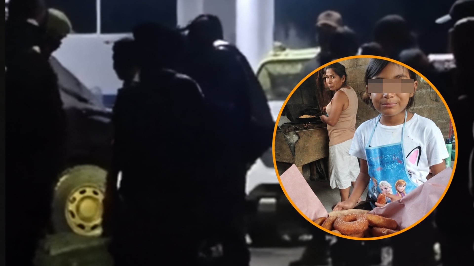 Agentes de seguridad se concentran en Ostuacán tras el feminicidio de una menor y su abuela, retratadas en una composición sobrepuesta a la escena nocturna. (X)