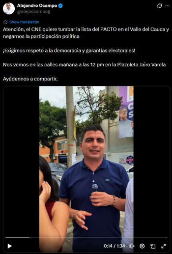 Alejandro Ocampo llamó a la movilización ciudadana luego de que el Consejo Nacional Electoral anulara la inscripción de la coalición para la Cámara en el Valle - crédito @alejoocampog