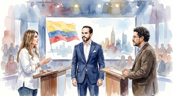 Pintura acuarela: Paloma Valencia, Abelardo de la Espriella e Iván Cepeda en debate. Bandera de Colombia y silueta de ciudad al fondo.