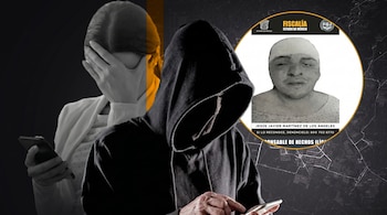 Mujer y hombre con teléfonos; ficha de búsqueda de Jesús Javier Martínez de los Ángeles con logo de Fiscalía del Estado de México y número telefónico.