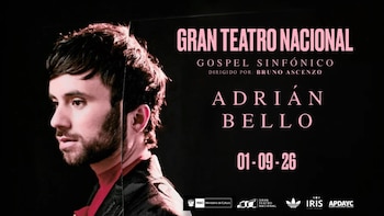 Afiche publicitario con el rostro del cantante Adrián Bello y texto que anuncia su presentación en el Gran Teatro Nacional el 1 de septiembre