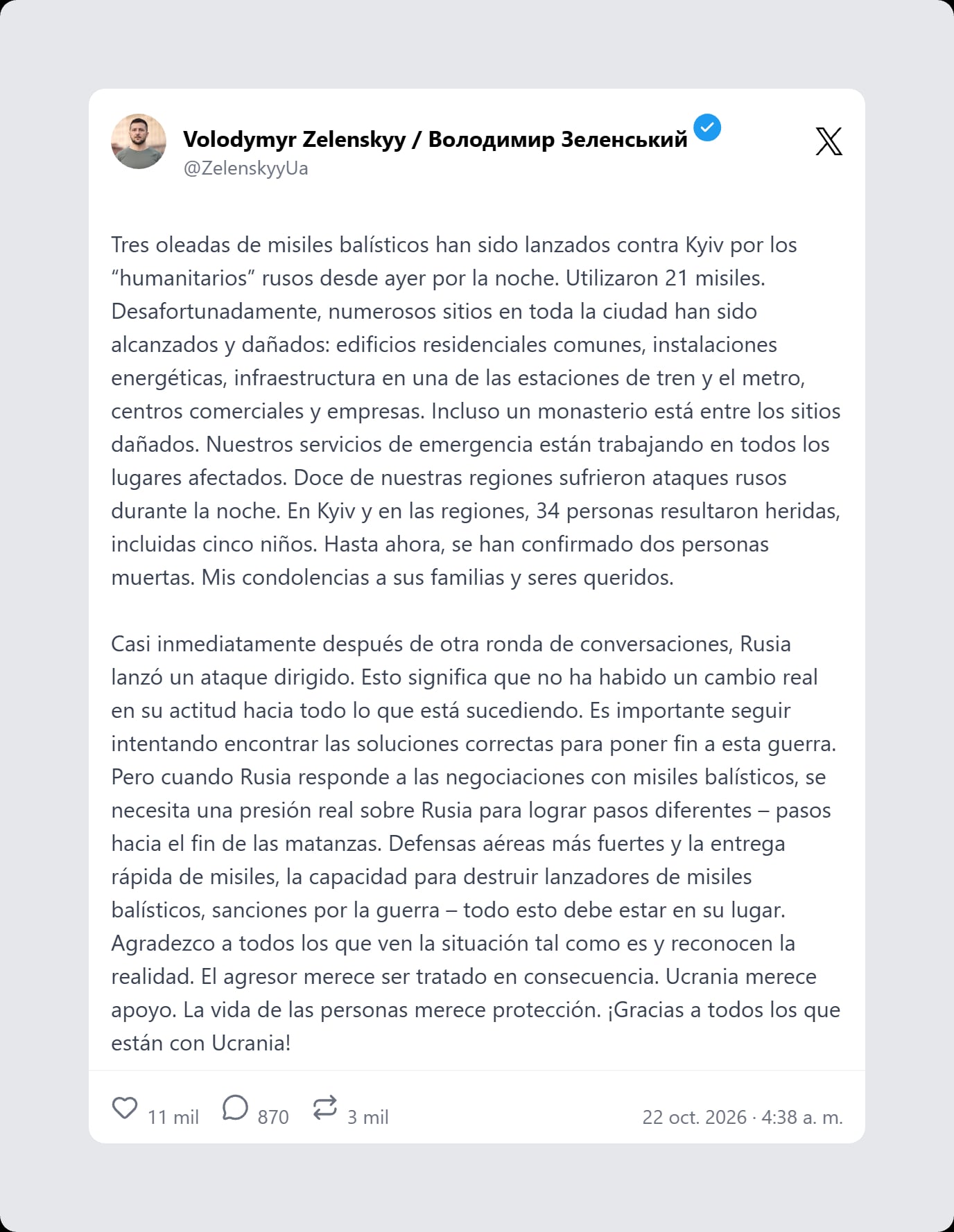 El mensaje del presidente ucraniano, Volodimir Zelensky, en la red social X