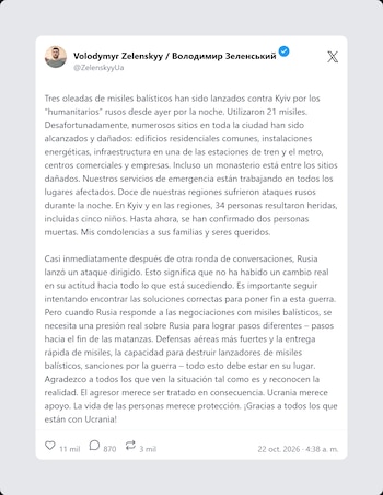 Captura de pantalla de una publicación en la red social X de la cuenta de Volodímir Zelenski con un texto redactado en español