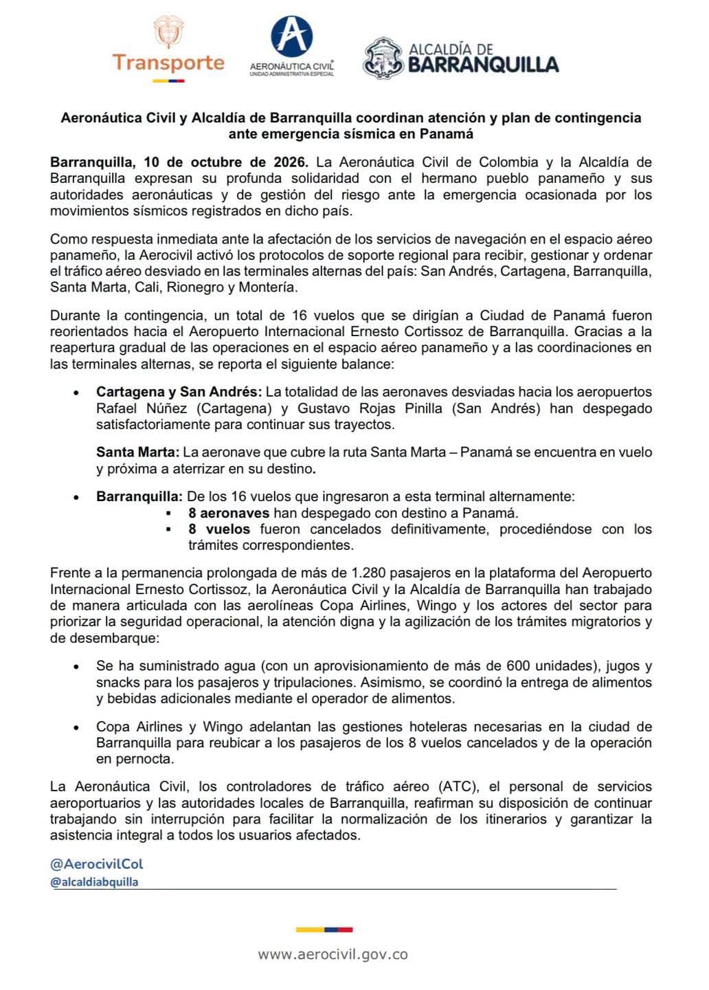 La Aeronáutica Civil de Colombia activó un plan de contingencia para recibir en Barranquilla 16 vuelos desviados por la afectación de los servicios de navegación aérea en Panamá tras la emergencia sísmica reportada el 9 de octubre de 2026 - crédito @AerocivilCol/X