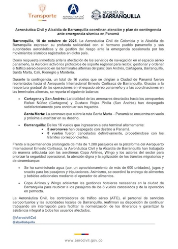 La Aeronáutica Civil de Colombia activó un plan de contingencia para recibir en Barranquilla 16 vuelos desviados por la afectación de los servicios de navegación aérea en Panamá tras la emergencia sísmica reportada el 9 de octubre de 2026 - crédito @AerocivilCol/X