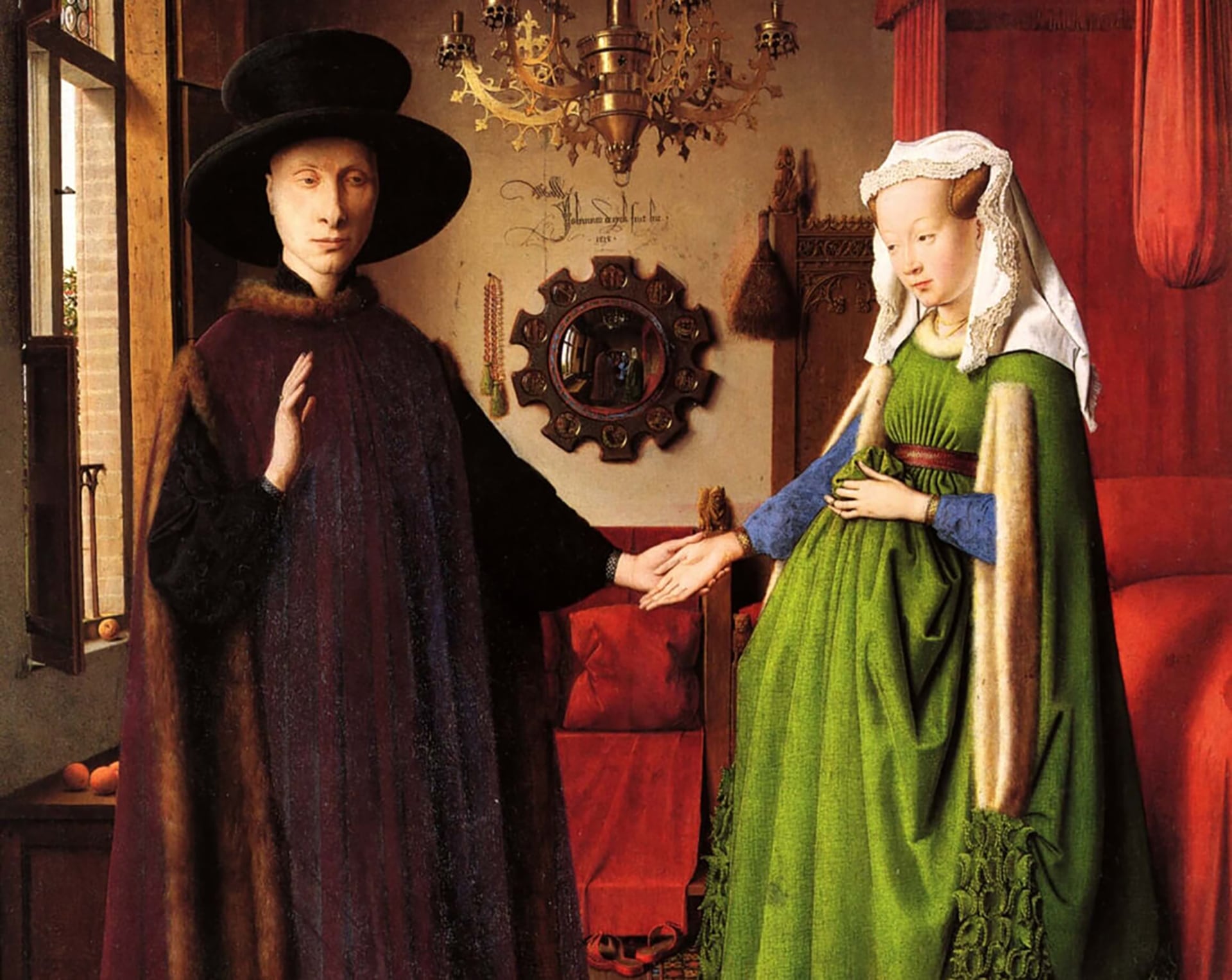 Van Eyck — El matrimonio Arnolfini (1434) Sobre el espejo del fondo, en caligrafía gótica, Van Eyck firmó: