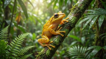 Rana amarilla de puntos negros sobre una rama con musgo. Hojas verdes de plantas tropicales y helechos en el fondo, con gotas de agua.