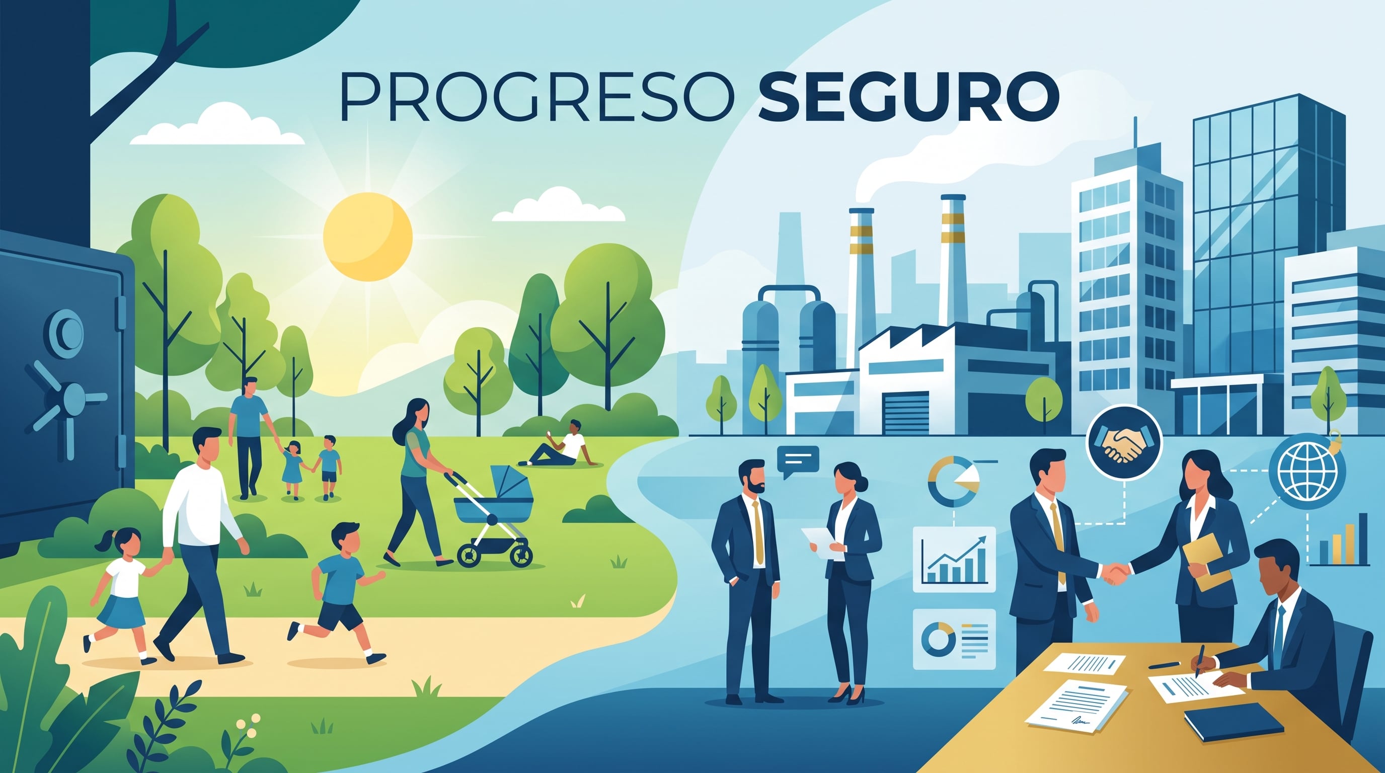 Una ilustración conceptual vincula el bienestar familiar en un parque urbano con el desarrollo industrial y las negociaciones empresariales bajo el título Progreso seguro. (Imagen Ilustrativa Infobae)