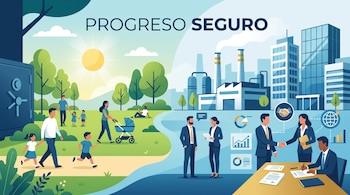 Familias en un parque junto a una caja fuerte y ejecutivos firmando contratos frente a edificios con el texto Progreso seguro.
