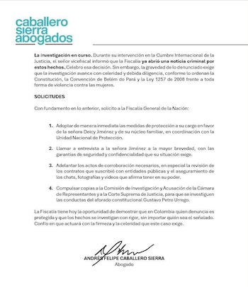 El togado planteó la necesidad de realizar actos de corroboración. Entre las medidas propuestas figuran examinar los contratos que habría suscrito con entidades públicas y asegurar los chats, fotografías y videos que, según la petición, Jiménez afirma tener en su poder - crédito Felipe Caballero Sierra