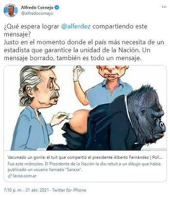 Cornejo repudió el retuit del