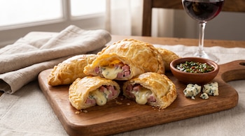Cuatro empanadas doradas, dos de ellas abiertas mostrando relleno de jamón y queso, un cuenco con salsa verde y trozos de queso azul, en una tabla de madera.