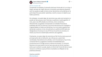 Franco Velazco pidió perdón a la hinchada de Universitario por el mal momento del club.