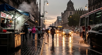 Vista de una calle mojada en la Ciudad de México con personas caminando con paraguas, coches y un autobús, y un puesto de tacos con vapor.