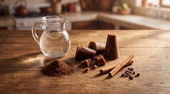 Una jarra transparente con agua, un montón de café molido, trozos de piloncillo, varas de canela y clavos de olor sobre una mesa de madera.
