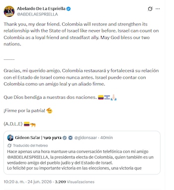 El presidente electo sostuvo que se reactivarían las exportaciones de carbón y negociaciones en materia de armamento con el país liderado por Benjamín Netanyahu - crédito @ABDELAESPRIELLA/X