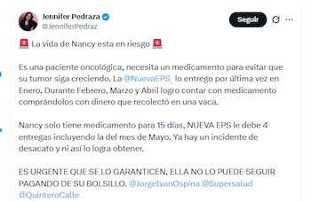 La congresista Jennifer Pedraza denunció caso de una paciente oncológica que no ha recibido los medicamentos que requiere - crédito @JenniferPedraz/X