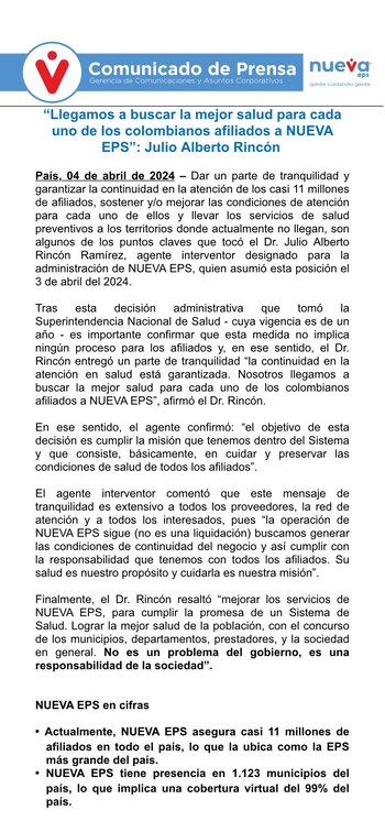Con este comunicado el nuevo interventor de Nueva EPS dio un parte de tranquilidad a los usuarios - crédito @GerComNueva EPS / x