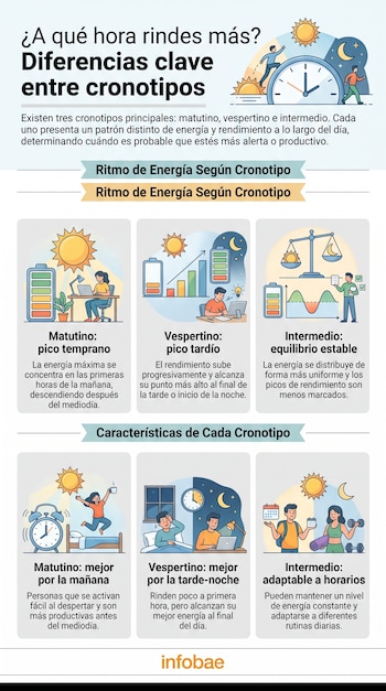 Infografía sobre cronotipos. Muestra título, gráficos de energía y seis ilustraciones de personas realizando actividades diarias. Incluye texto explicativo. Fuente: Infobae