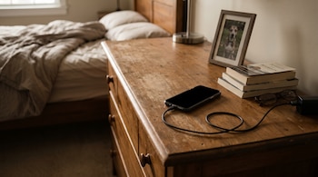 Un teléfono celular negro conectado a un cargador sobre una cómoda de madera con libros, anteojos y una cama al fondo.