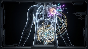 Torso humano translúcido con un sistema intestinal iluminado en dorado y cian conectado mediante líneas a una masa en el pulmón.