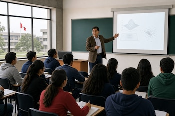 Un profesor de pie señala una pantalla de proyección frente a estudiantes sentados en un aula con una bandera de Perú visible por la ventana.